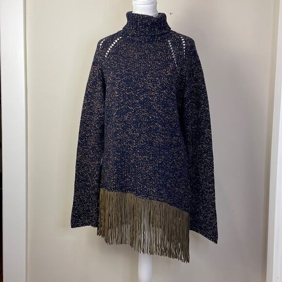 Love Sex Money Brand Navy Taupe Turtleneck Italian Knit Fringe Sweater Size L - Picture 2 of 9